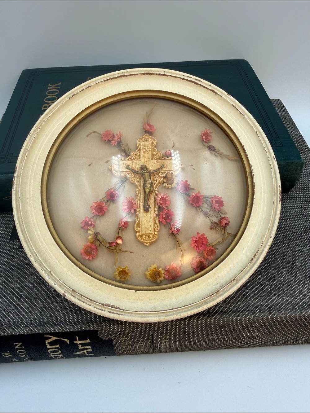 Vintage Convex Framed Crucifix Cross Jesus with dried Florals